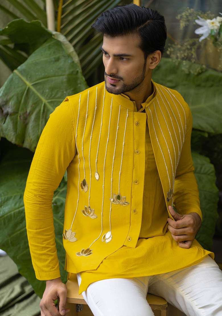Yellow Embroidered Pure Cotton Kurta Set For Men - Indya