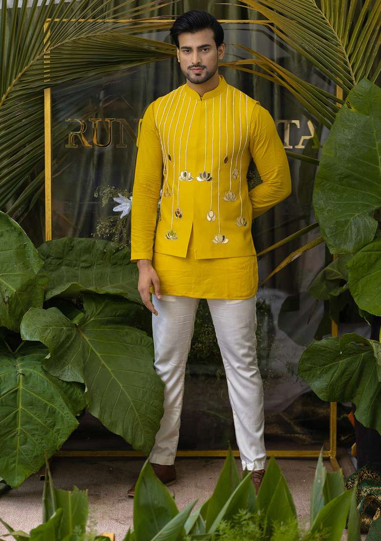 Yellow Embroidered Pure Cotton Kurta Set For Men - Indya