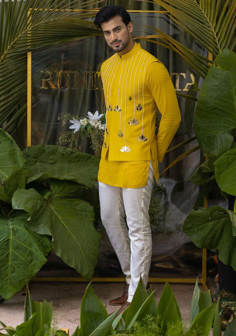 Yellow Embroidered Pure Cotton Kurta Set For Men - Indya