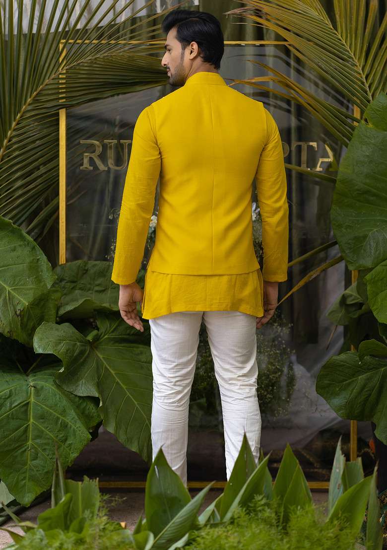 Yellow Embroidered Pure Cotton Kurta Set For Men - Indya