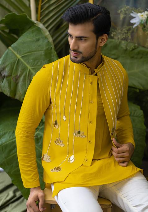 Yellow Embroidered Pure Cotton Kurta Set For Men