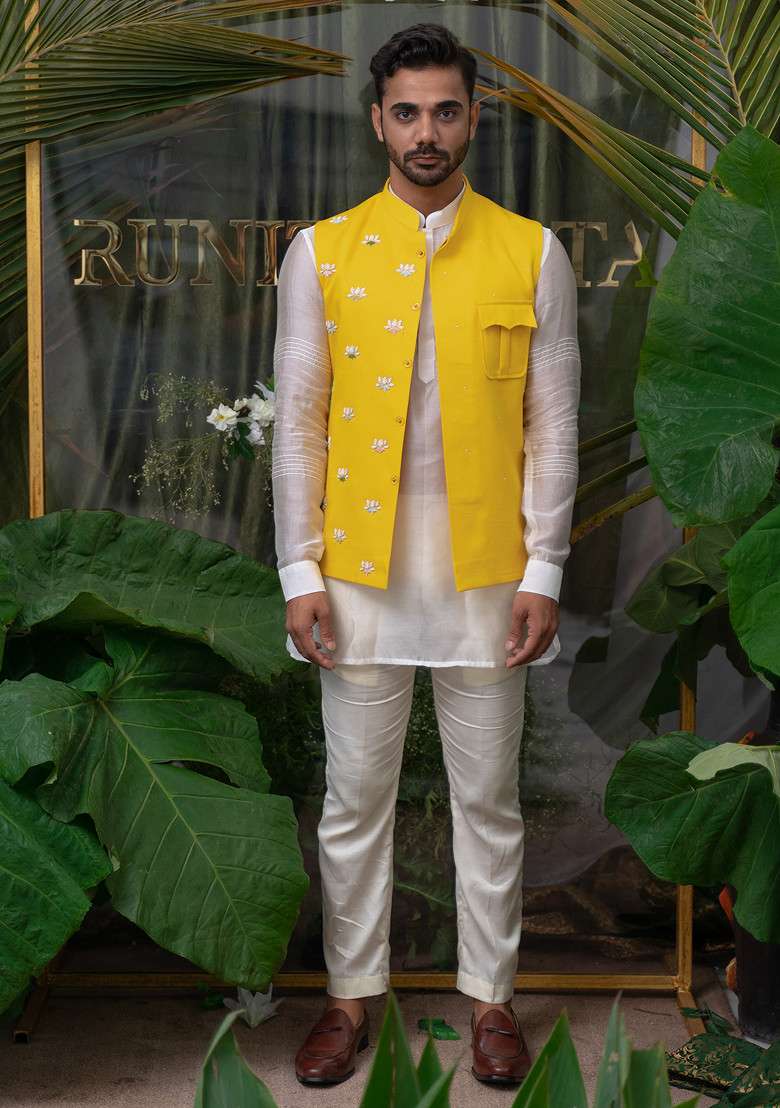 Ivory Hand Embroidered Pintucked Sleeve Shirt Kurta Set For Men - Indya