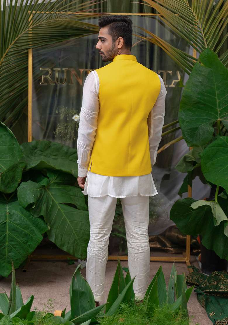 Ivory Hand Embroidered Pintucked Sleeve Shirt Kurta Set For Men - Indya