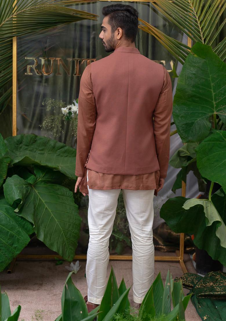 Brown Hand Embroidered Kurta Set For Men - Indya