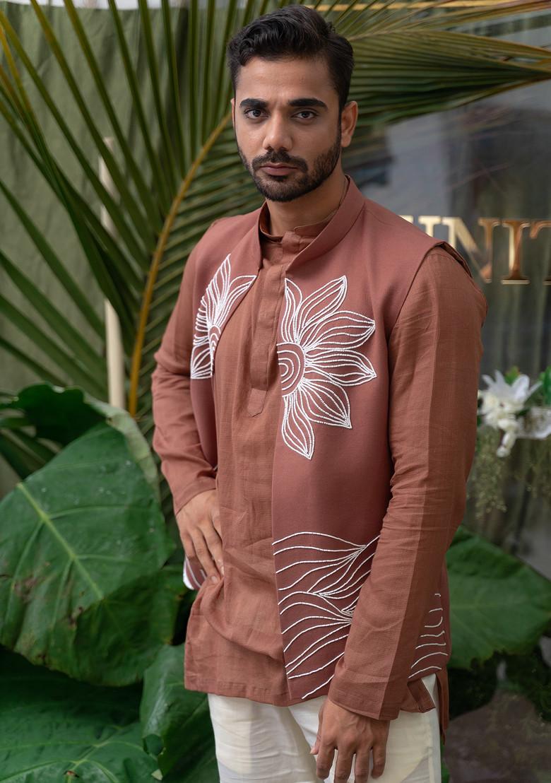 Brown Hand Embroidered Kurta Set For Men - Indya