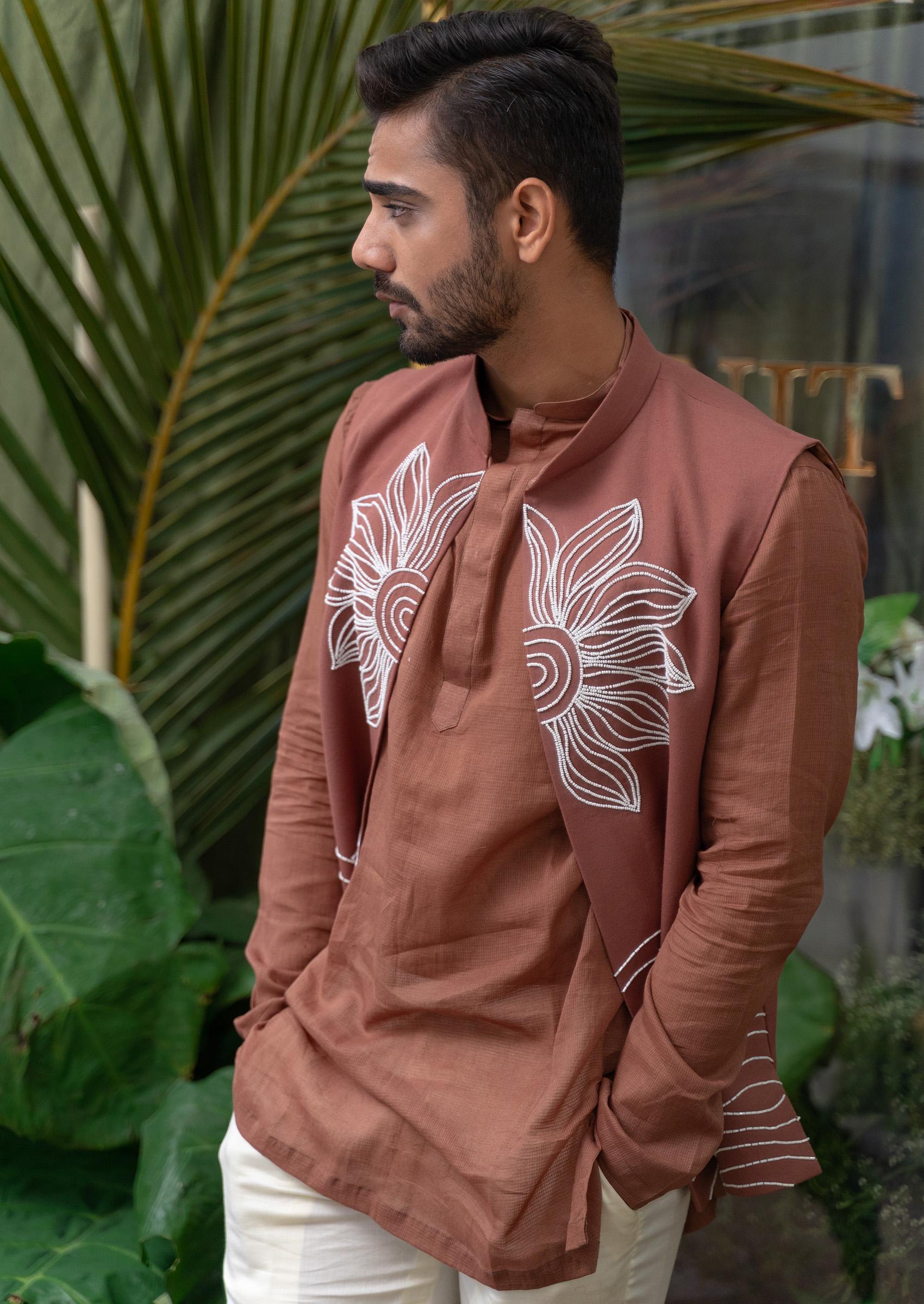 Brown Hand Embroidered Kurta Set For Men - Indya