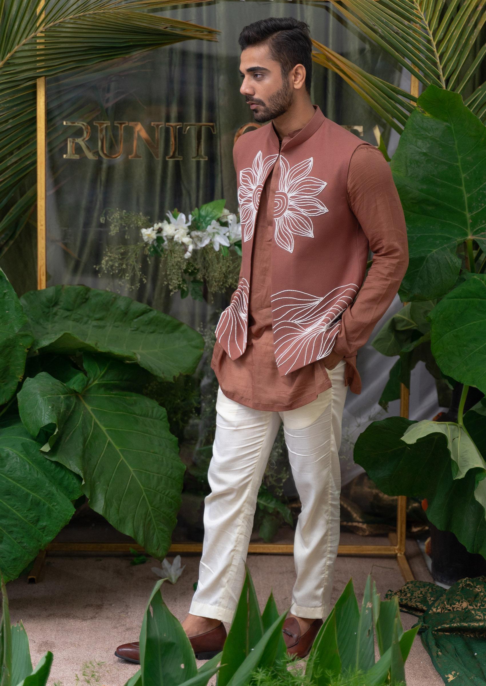 Brown Hand Embroidered Kurta Set For Men - Indya