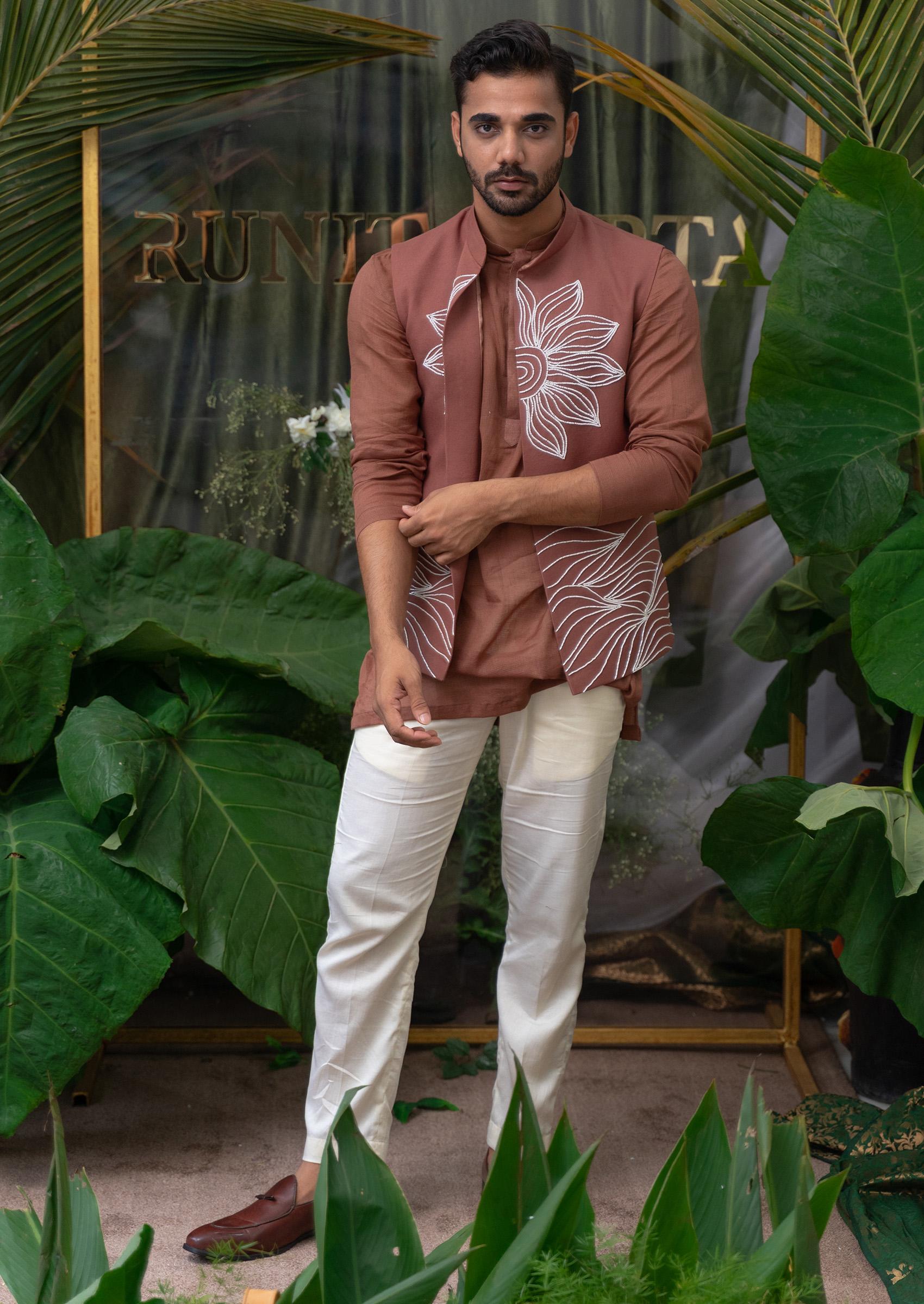 Brown Hand Embroidered Kurta Set For Men - Indya