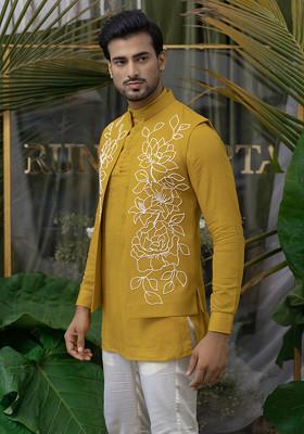 Ochre Yellow Hand Embroidered Kurta Set For Men