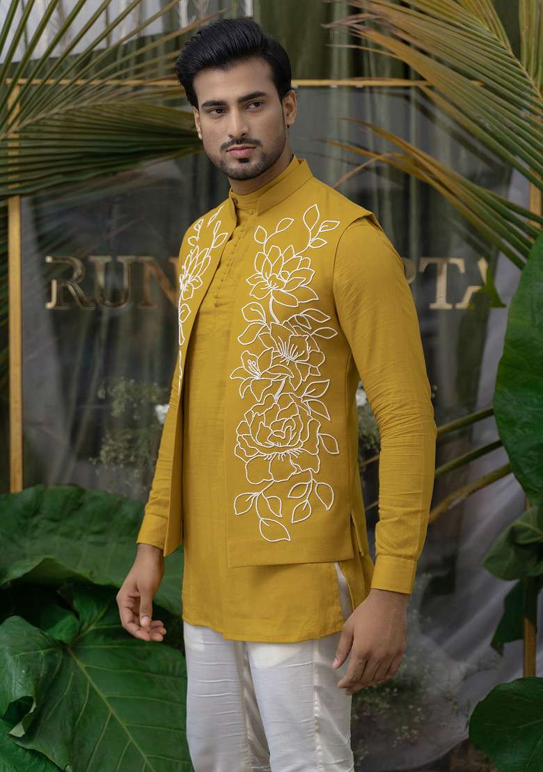 Ochre Yellow Hand Embroidered Kurta Set For Men - Indya