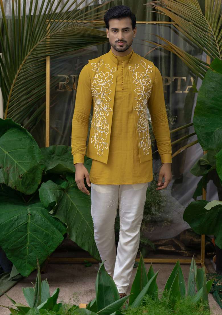 Ochre Yellow Hand Embroidered Kurta Set For Men - Indya