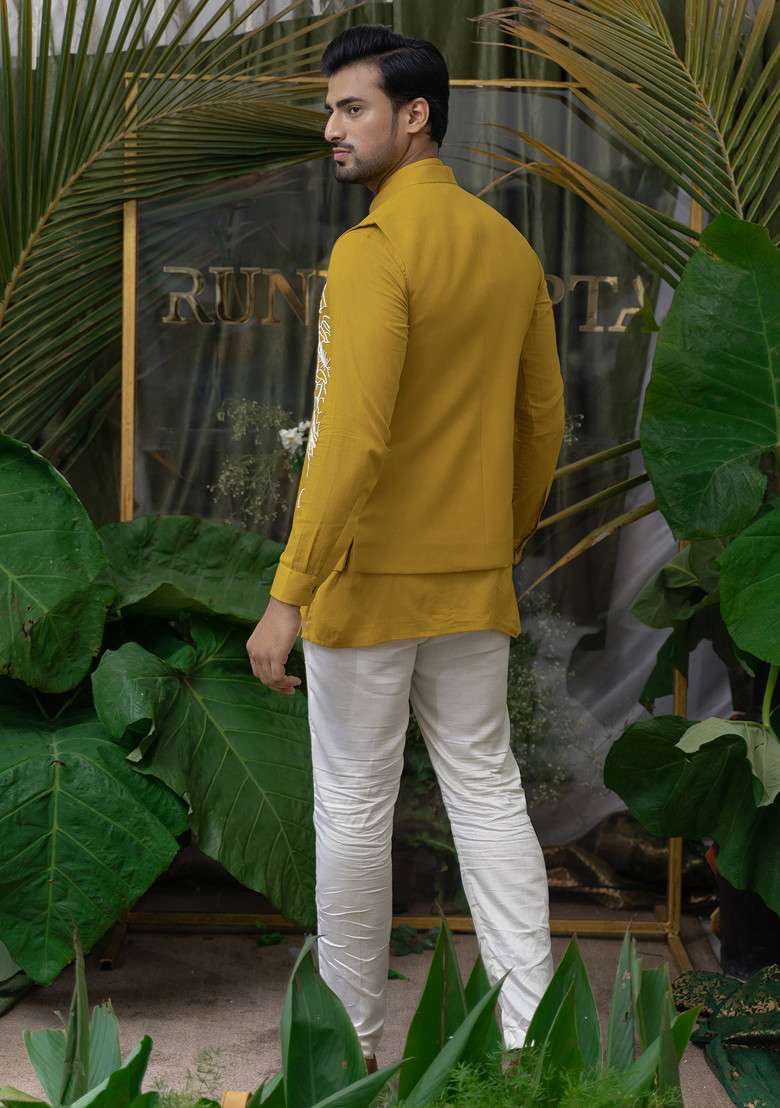 Ochre Yellow Hand Embroidered Kurta Set For Men - Indya