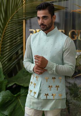 Blue Hand Embroidered Kurta Set For Men