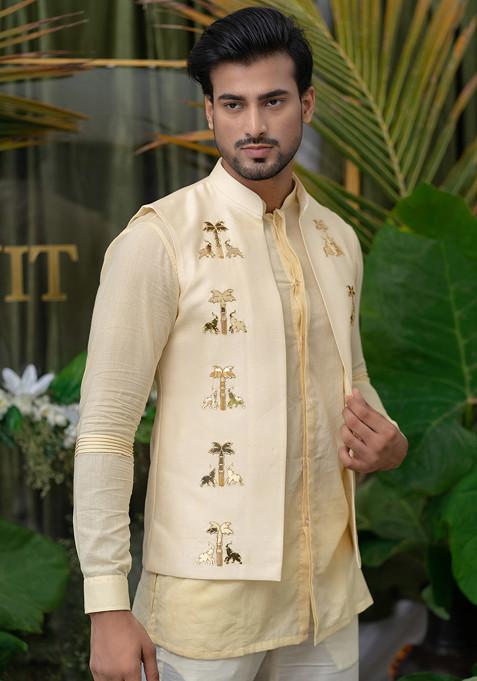 Cream Hand Embroidered Pleated Sleeve Kurta Set For Men