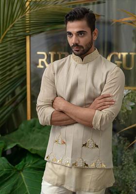 Grey Hand Embroidered Kurta Set For Men