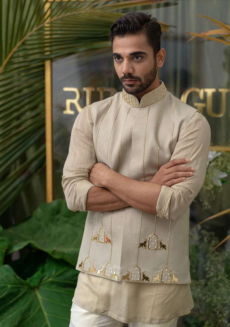 Grey Hand Embroidered Kurta Set For Men - Indya