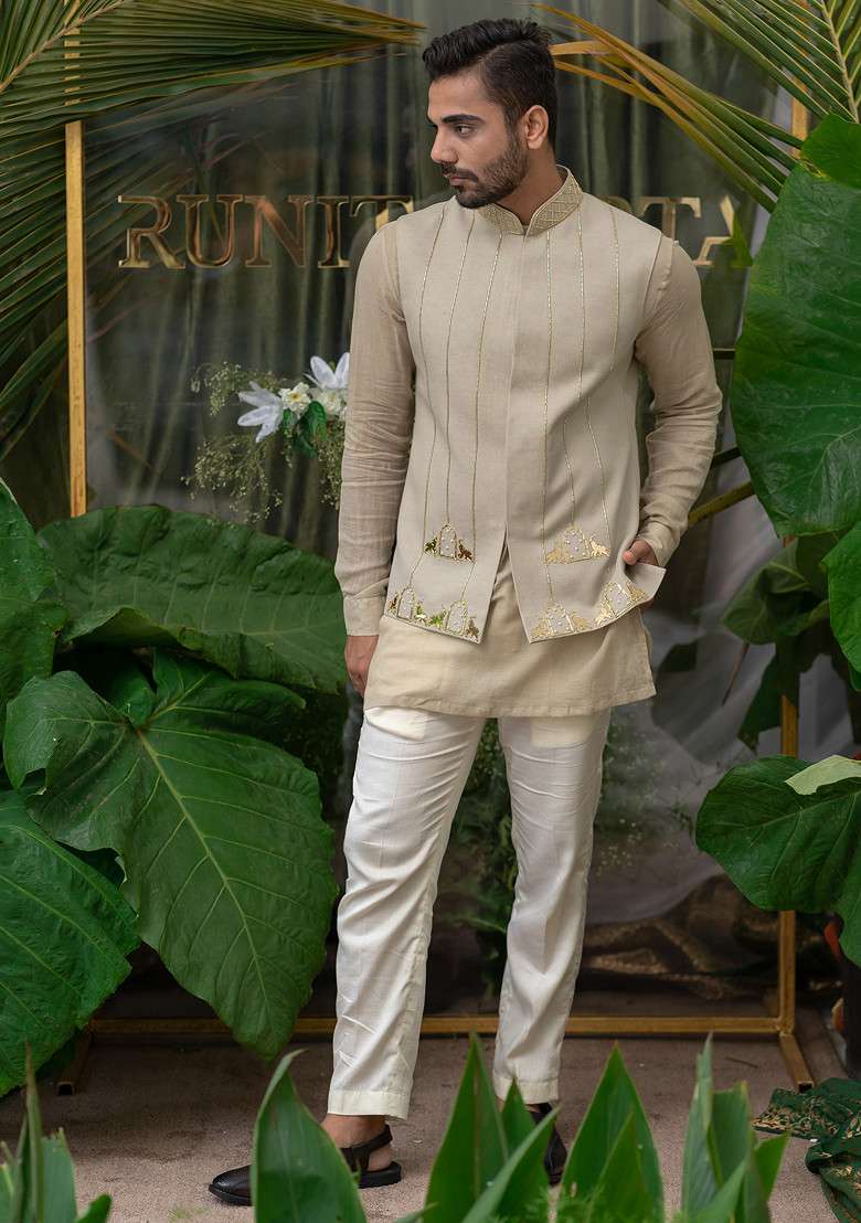 Grey Hand Embroidered Kurta Set For Men - Indya