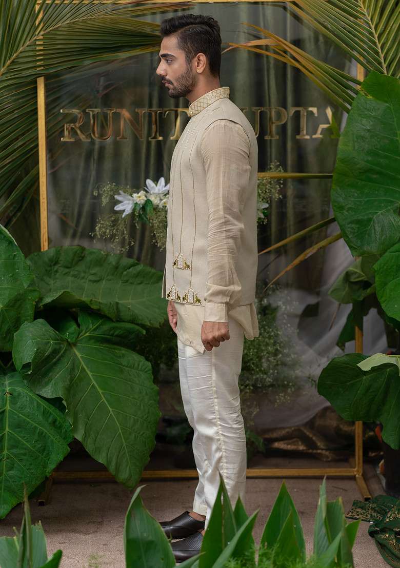 Grey Hand Embroidered Kurta Set For Men - Indya