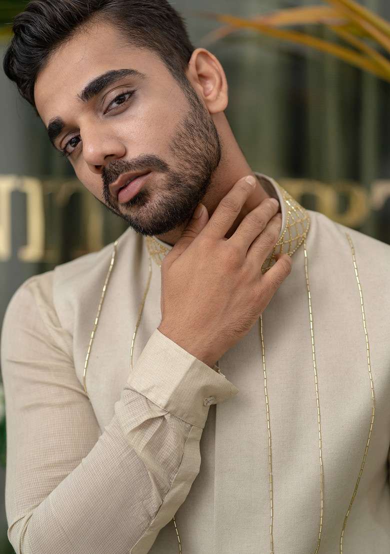 Grey Hand Embroidered Kurta Set For Men - Indya