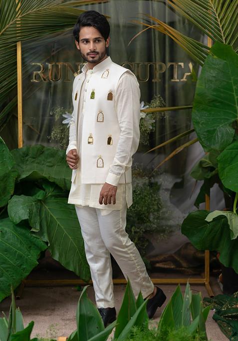 Ivory Hand Embroidered Pure Cotton Kurta Set For Men