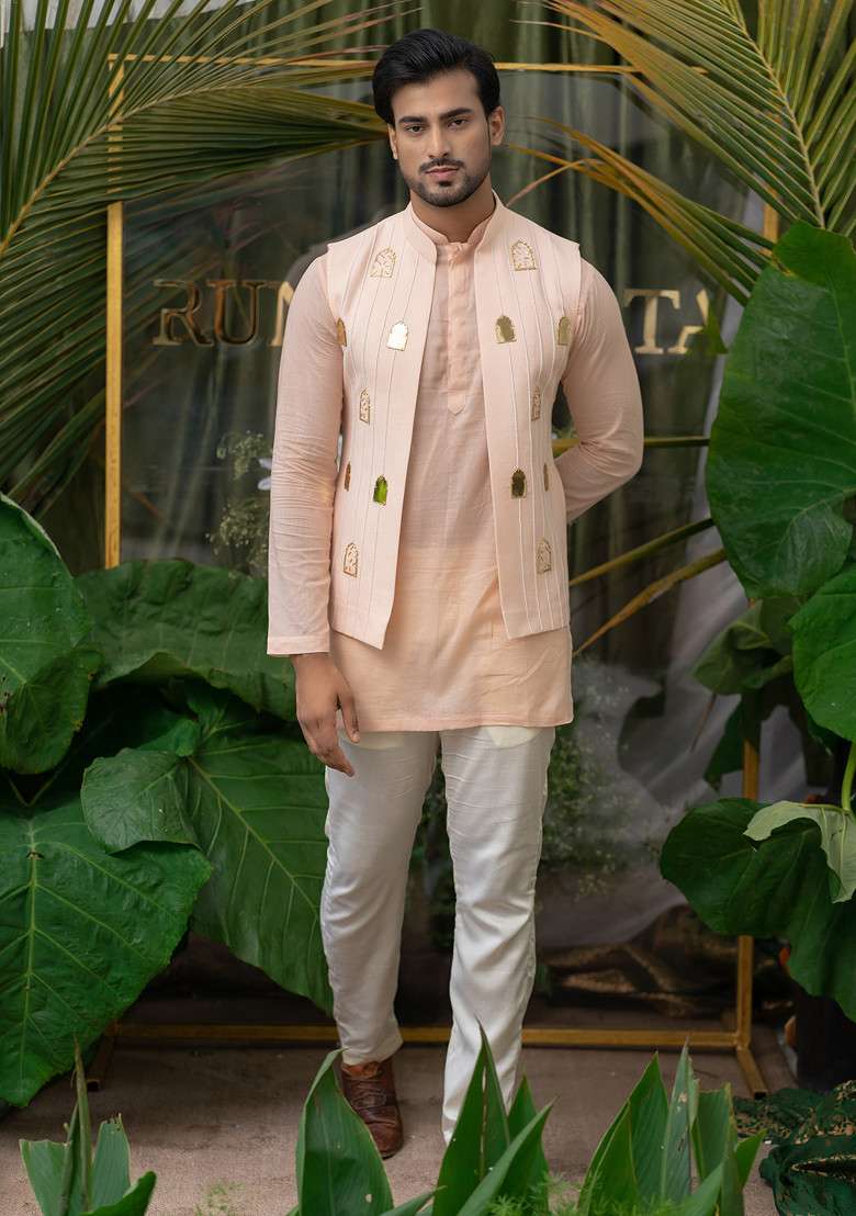 Pink Hand Embroidered Pure Cotton Kurta Set For Men - Indya