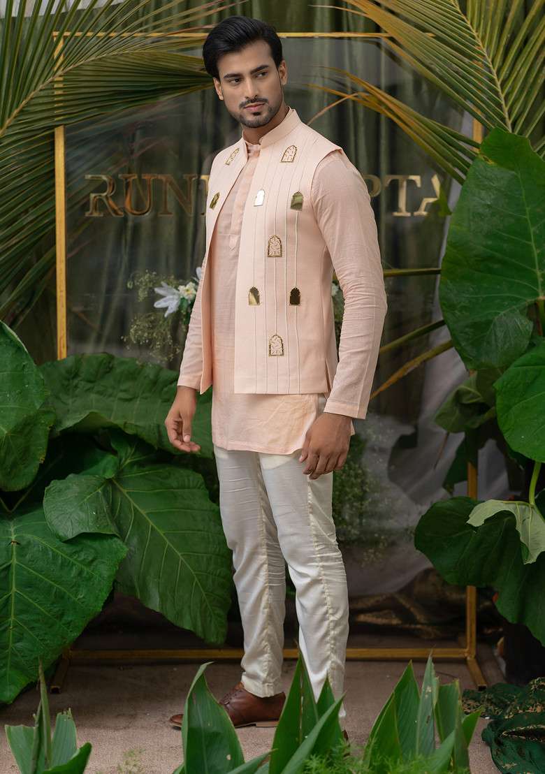 Pink Hand Embroidered Pure Cotton Kurta Set For Men - Indya