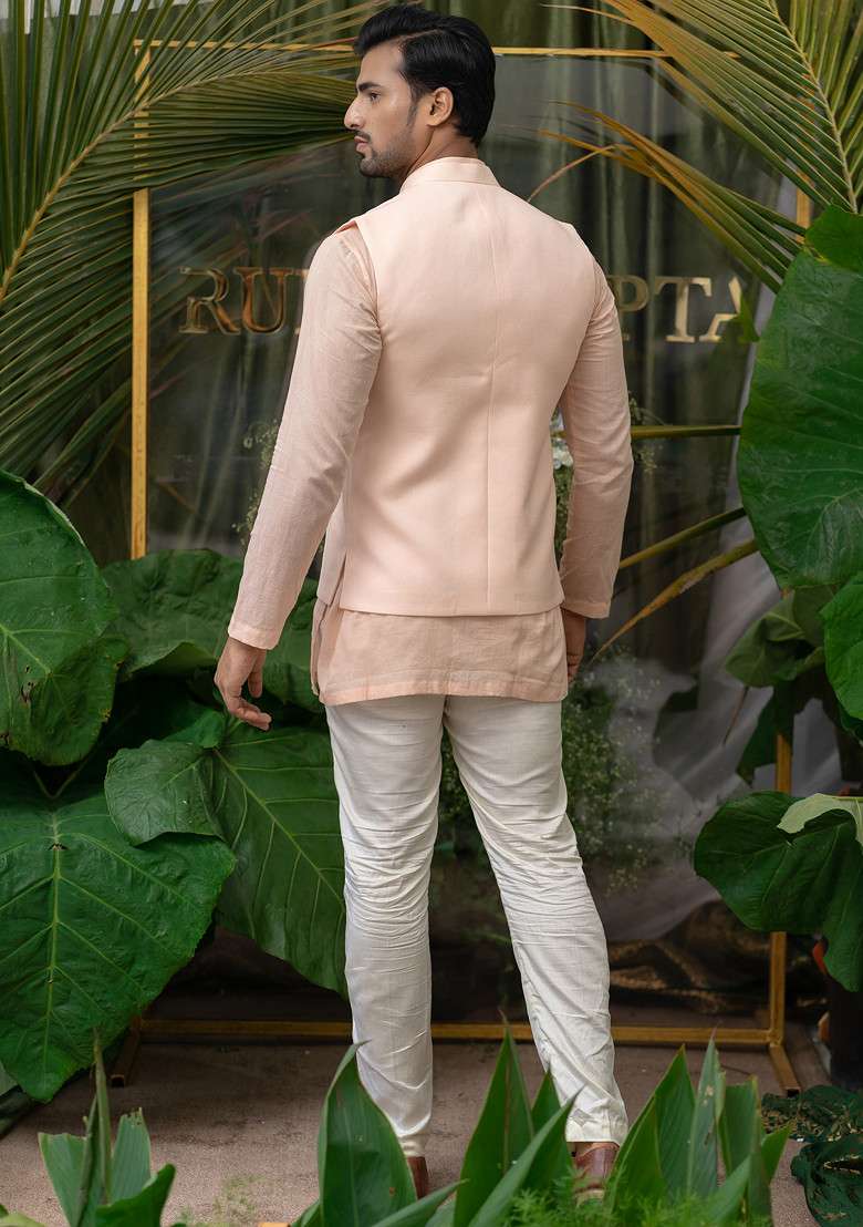 Pink Hand Embroidered Pure Cotton Kurta Set For Men - Indya