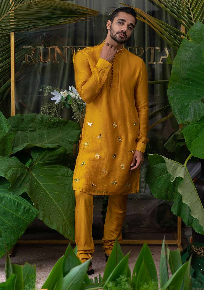 Yellow Horse Embroidered Kurta Set For Men - Indya