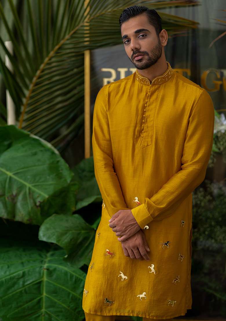 Yellow Horse Embroidered Kurta Set For Men - Indya