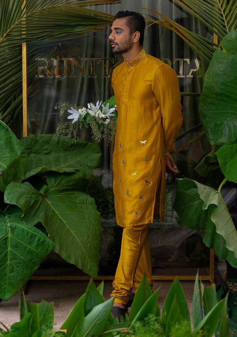 Yellow Horse Embroidered Kurta Set For Men - Indya