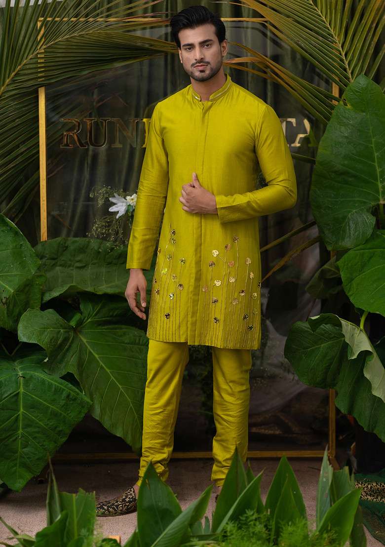 Green Monstera Embroidered Kurta Set For Men - Indya