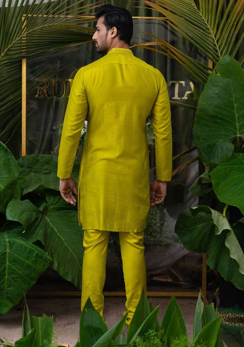Green Monstera Embroidered Kurta Set For Men - Indya