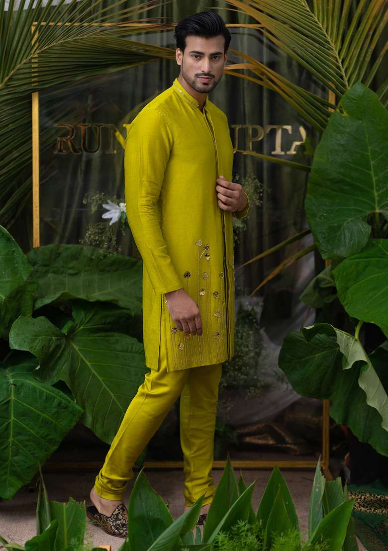Green Monstera Embroidered Kurta Set For Men - Indya