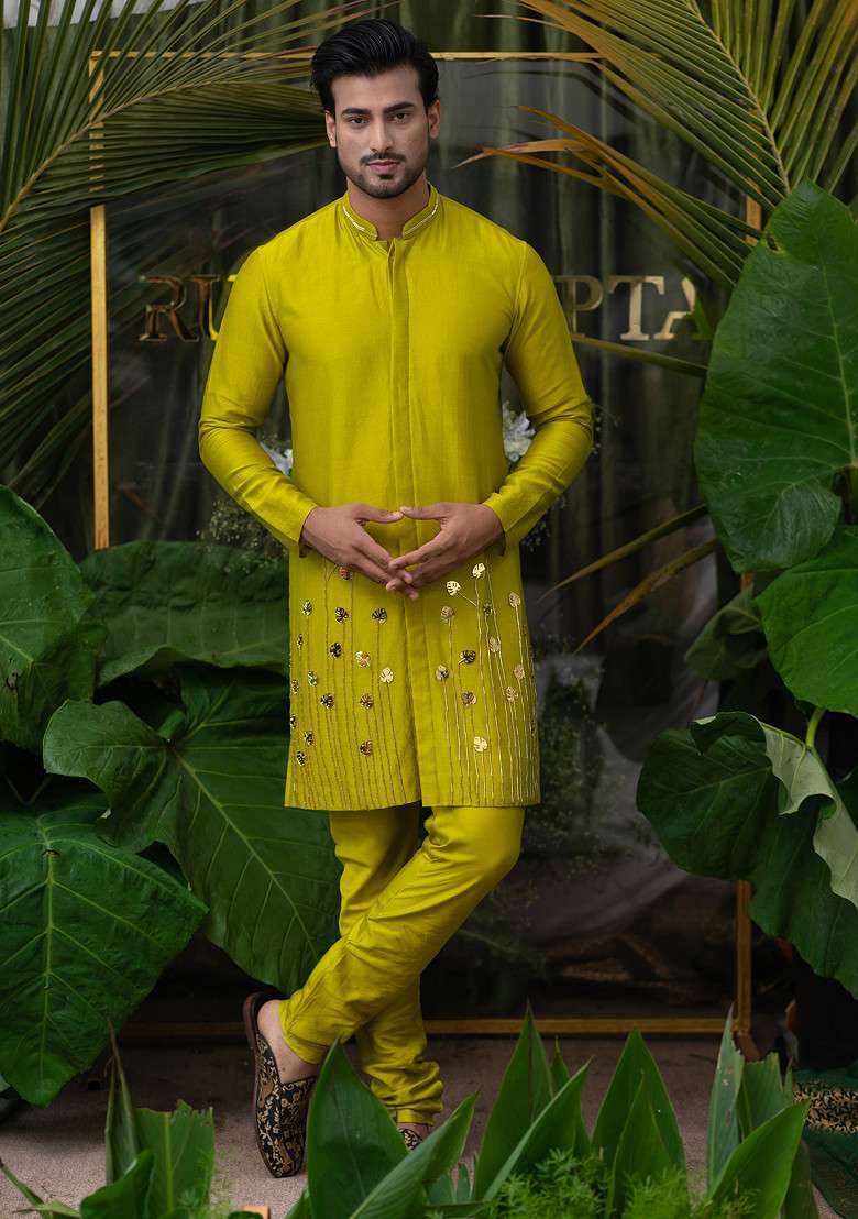 Green Monstera Embroidered Kurta Set For Men - Indya