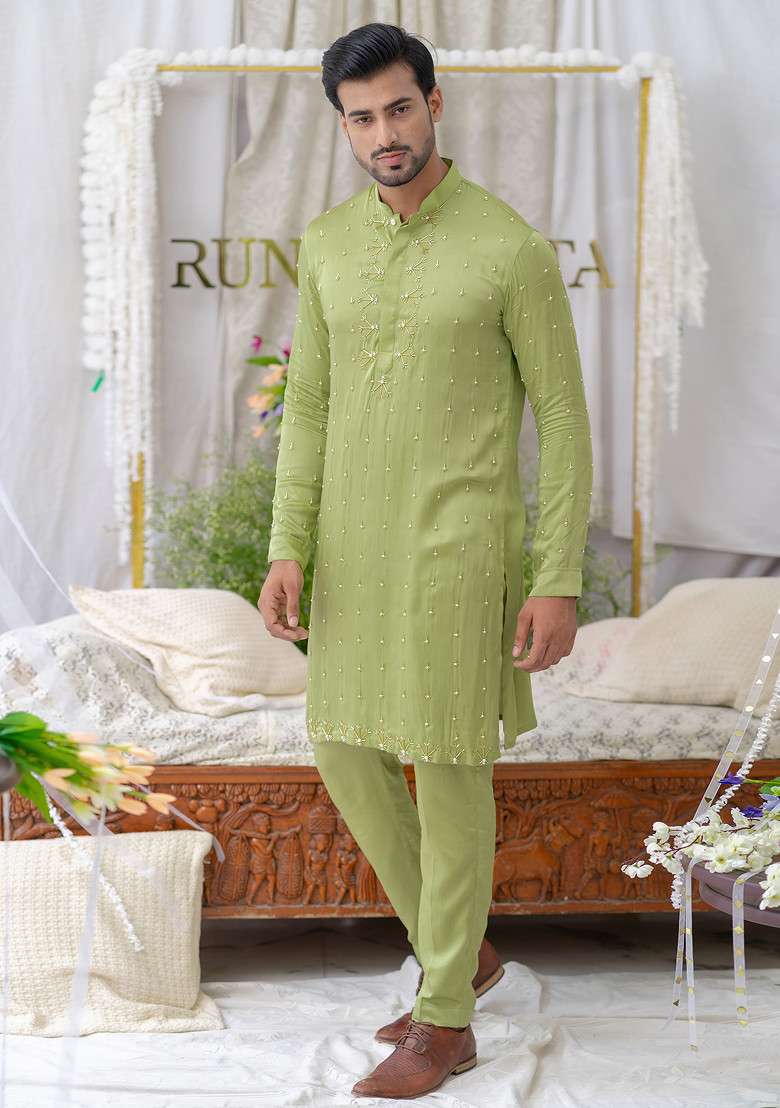 Green Hand Embroidered Pure Cotton Kurta Set For Men - Indya