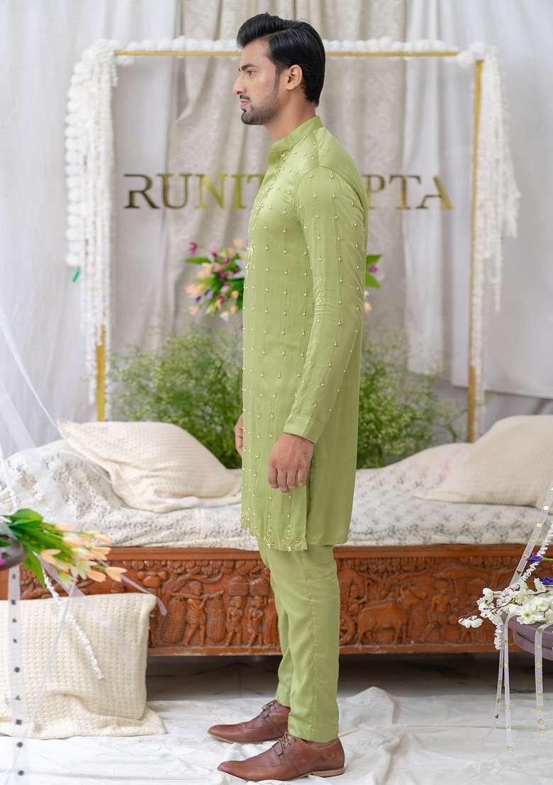 Green Hand Embroidered Pure Cotton Kurta Set For Men - Indya