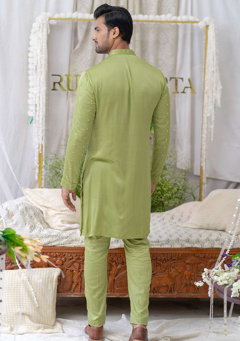 Green Hand Embroidered Pure Cotton Kurta Set For Men - Indya