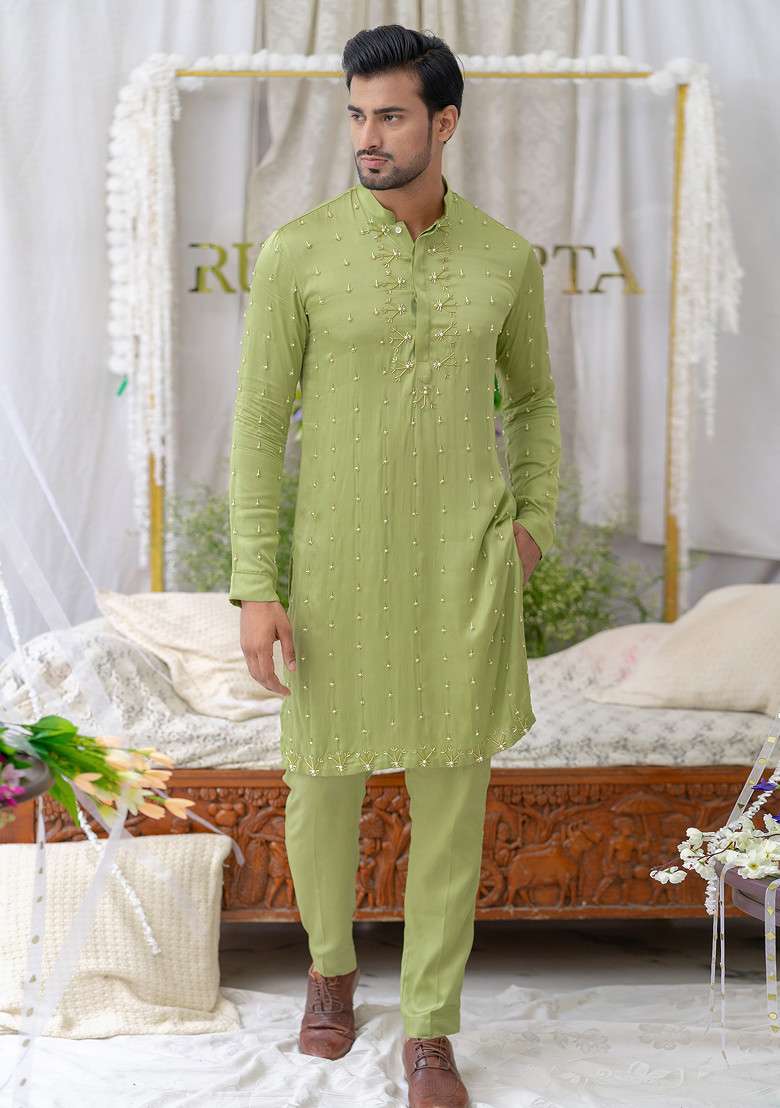 Green Hand Embroidered Pure Cotton Kurta Set For Men - Indya