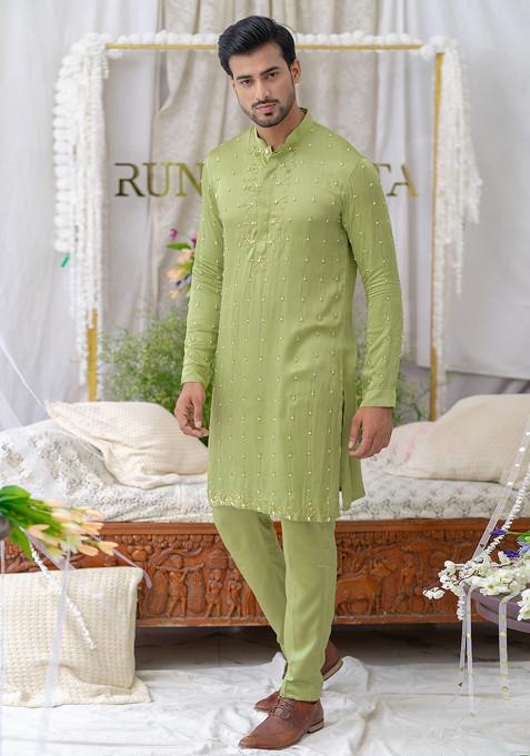 Green Hand Embroidered Pure Cotton Kurta Set For Men