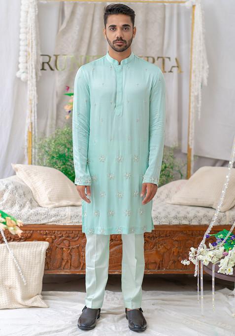 Blue Hand Embroidered Pure Cotton Kurta Set For Men
