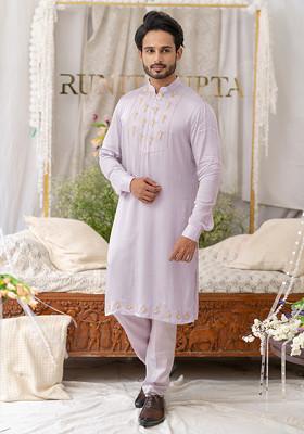 Lavender Hand Embroidered Pure Cotton Kurta Set For Men