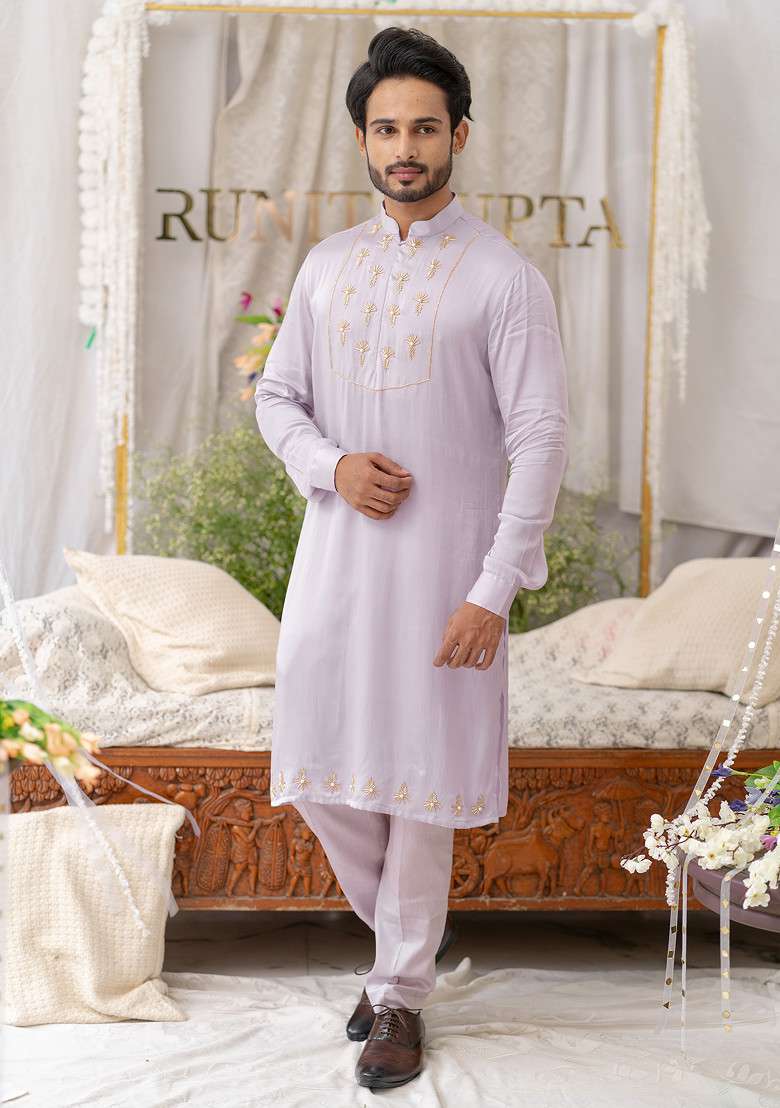 Lavender Hand Embroidered Pure Cotton Kurta Set For Men - Indya