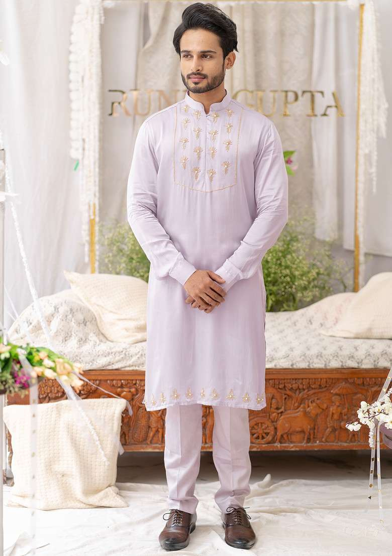 Lavender Hand Embroidered Pure Cotton Kurta Set For Men - Indya