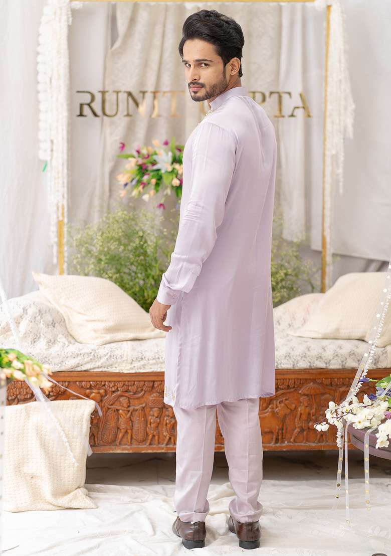 Lavender Hand Embroidered Pure Cotton Kurta Set For Men - Indya