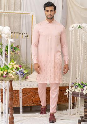 Pink Hand Embroidered Cotton Kurta Set For Men