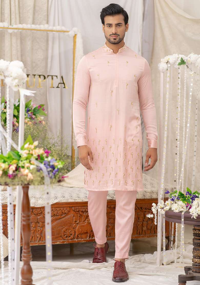 Pink Hand Embroidered Cotton Kurta Set For Men - Indya