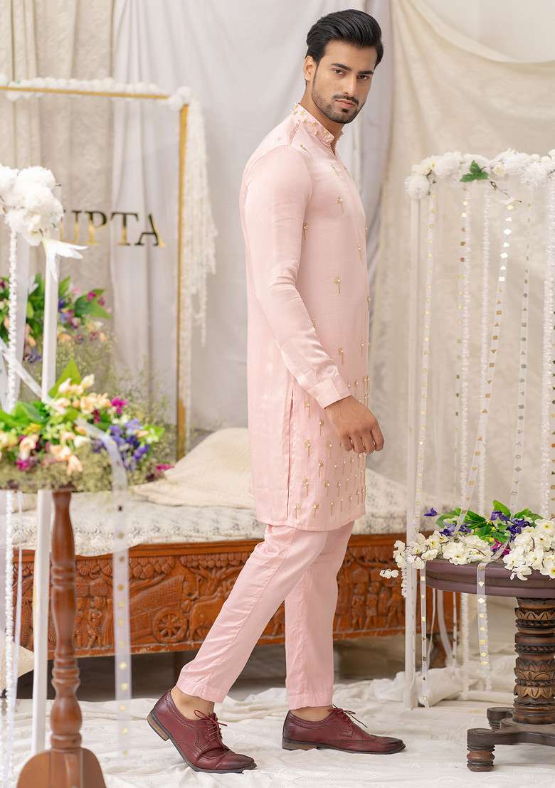 Pink Hand Embroidered Cotton Kurta Set For Men - Indya