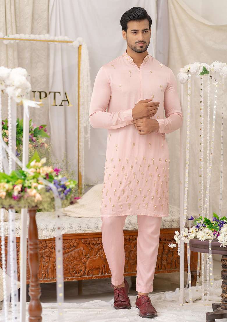 Pink Hand Embroidered Cotton Kurta Set For Men - Indya