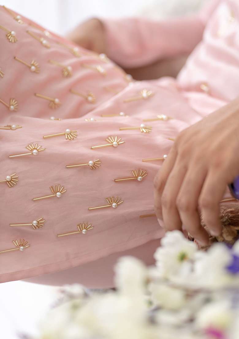 Pink Hand Embroidered Cotton Kurta Set For Men - Indya