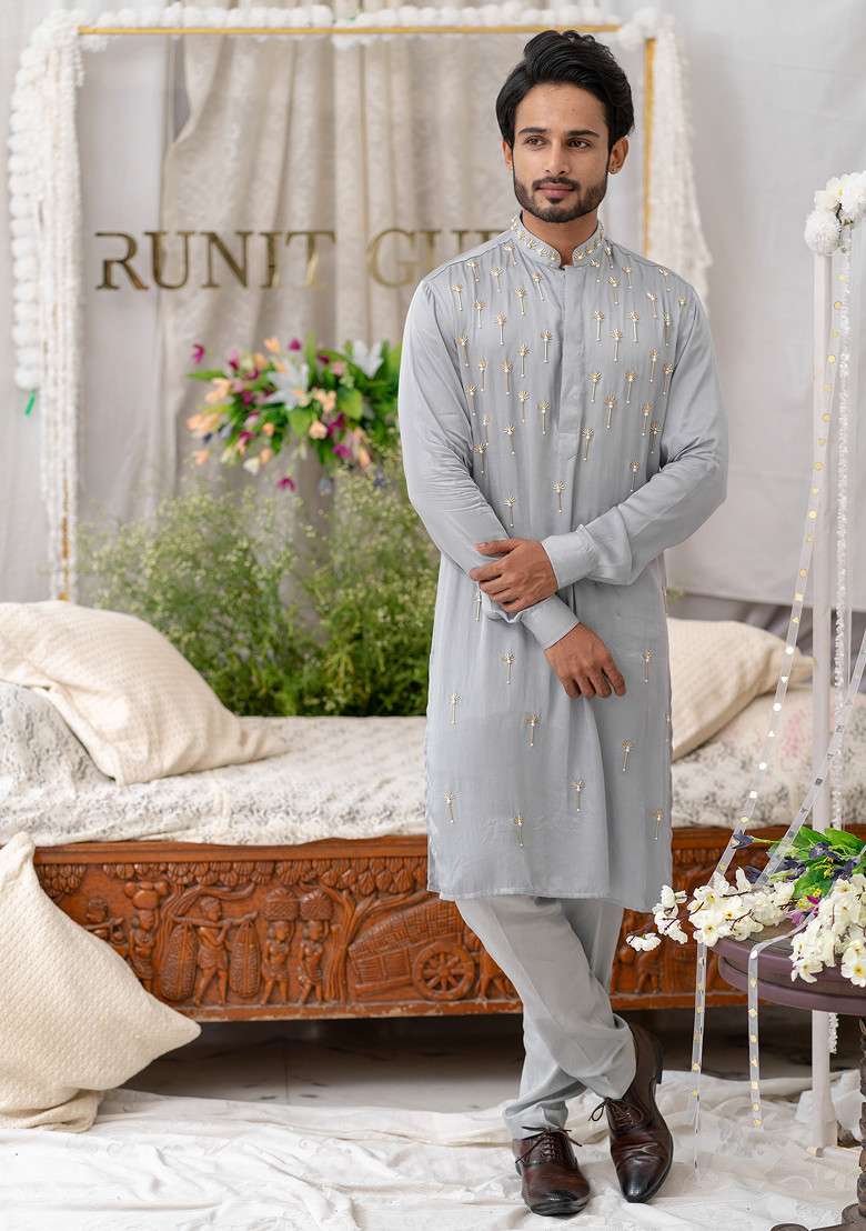 Grey Hand Embroidered Pure Cotton Kurta Set For Men - Indya
